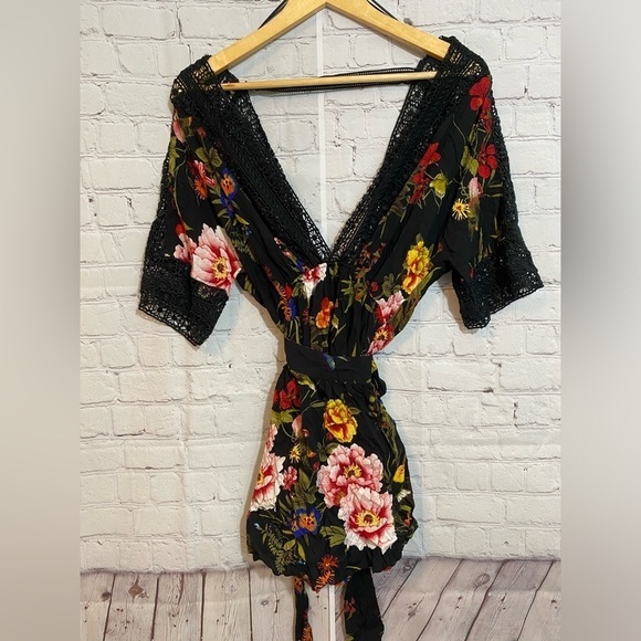 Luxxel Womens Size Small Black Floral Wrap RomperLace Crotchet Detail - Picture 1 of 5